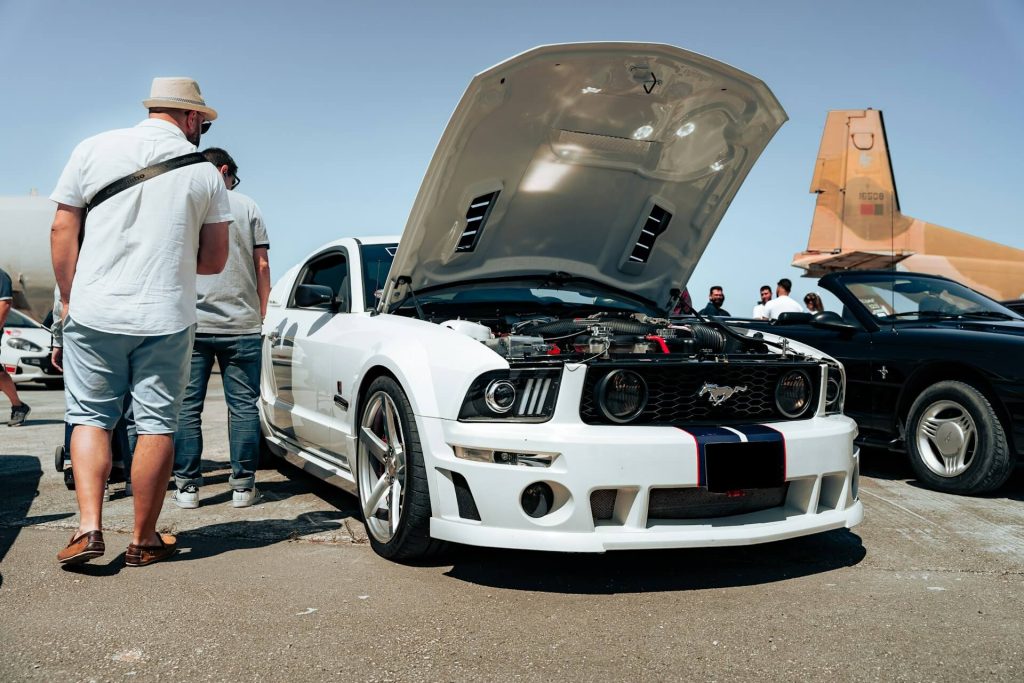 remaps hertfordshire 9 white mustang with open hood